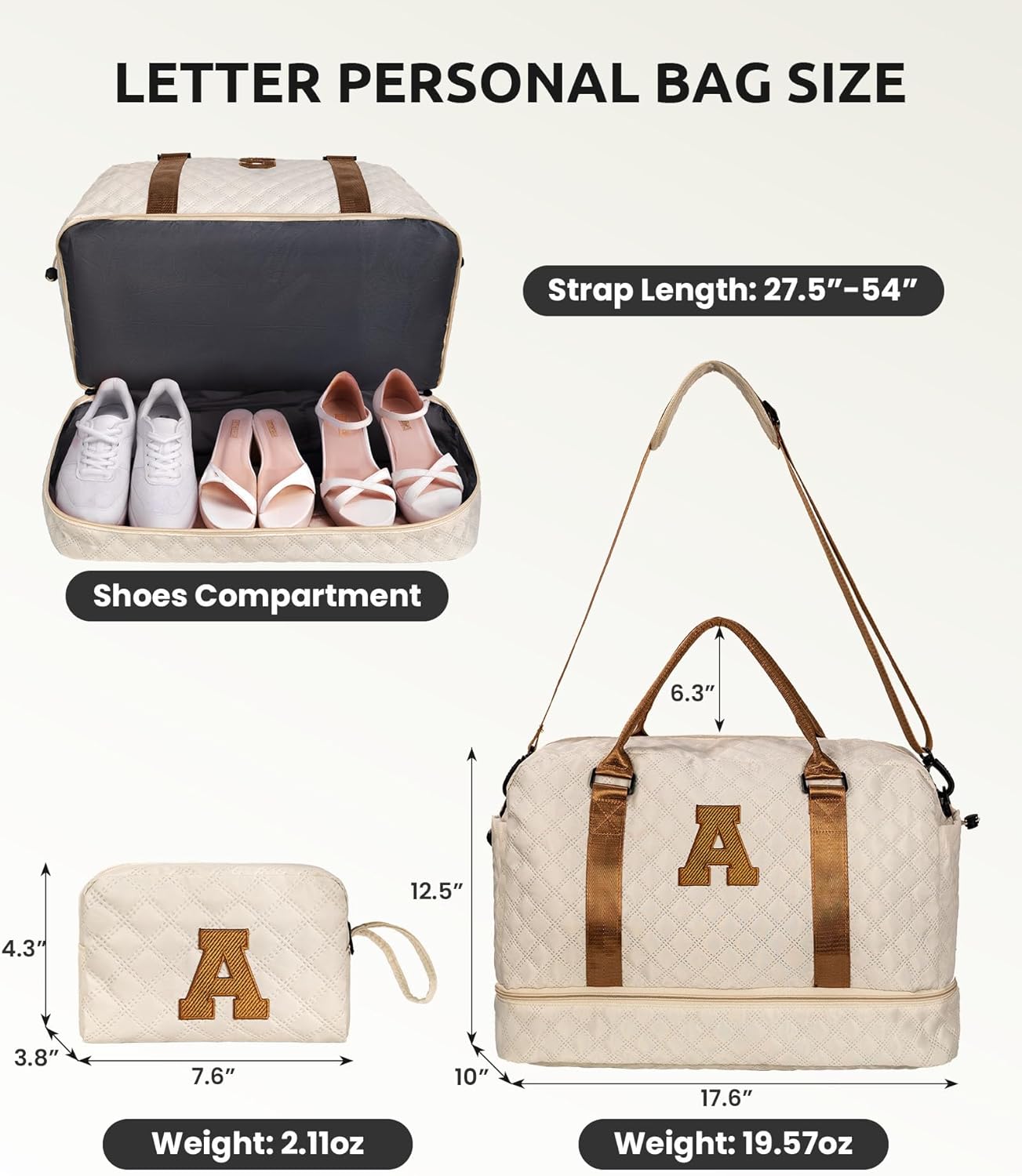 Gifts for Daughter-Initial Duffle Bag with Shoe Compartment, Personalized Weekender Bag, Monogram Overnight Bag, Letter Travel Bag with Makeup Bag，Sister Friend Girlfriend Gifts (Letter M)