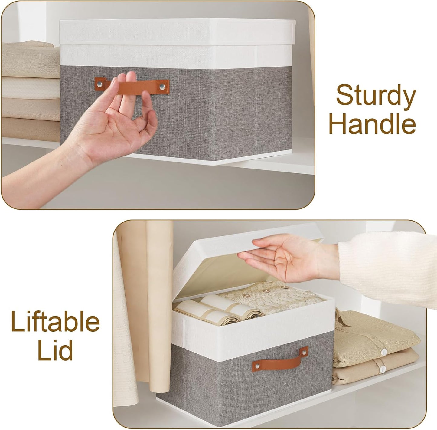 Fabric Storage Bins with Lids, 1 Pack Linen Foldable Cloth Baskets, 15 x 9.8 x 9.8 Inch Closet Organizer Containers with Double Handles, Sweater Boxes for Bedroom, White and Grey