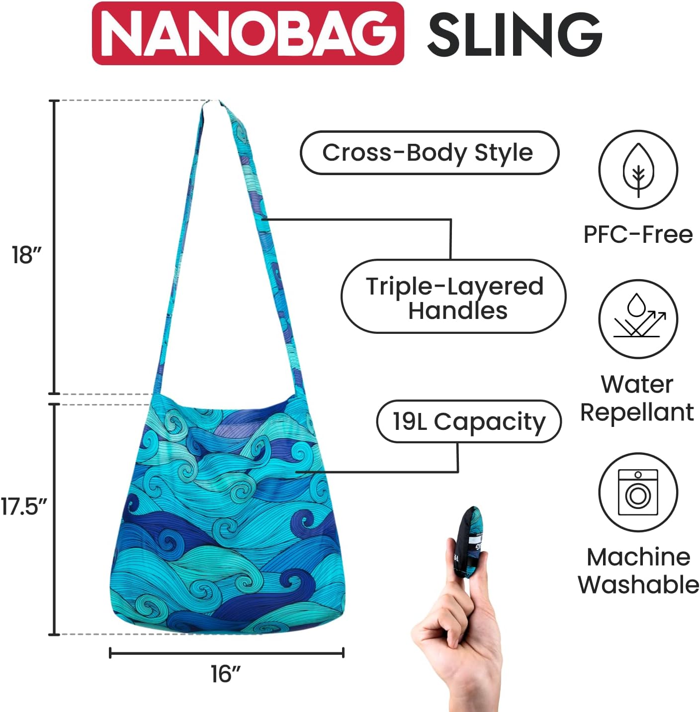 Nanobag Ultra-Lightweight Foldable Sling for Women & Men, Reusable Grocery & Travel Bag, Packable Collapsible Compact Market Crossbody (Sling Gray)