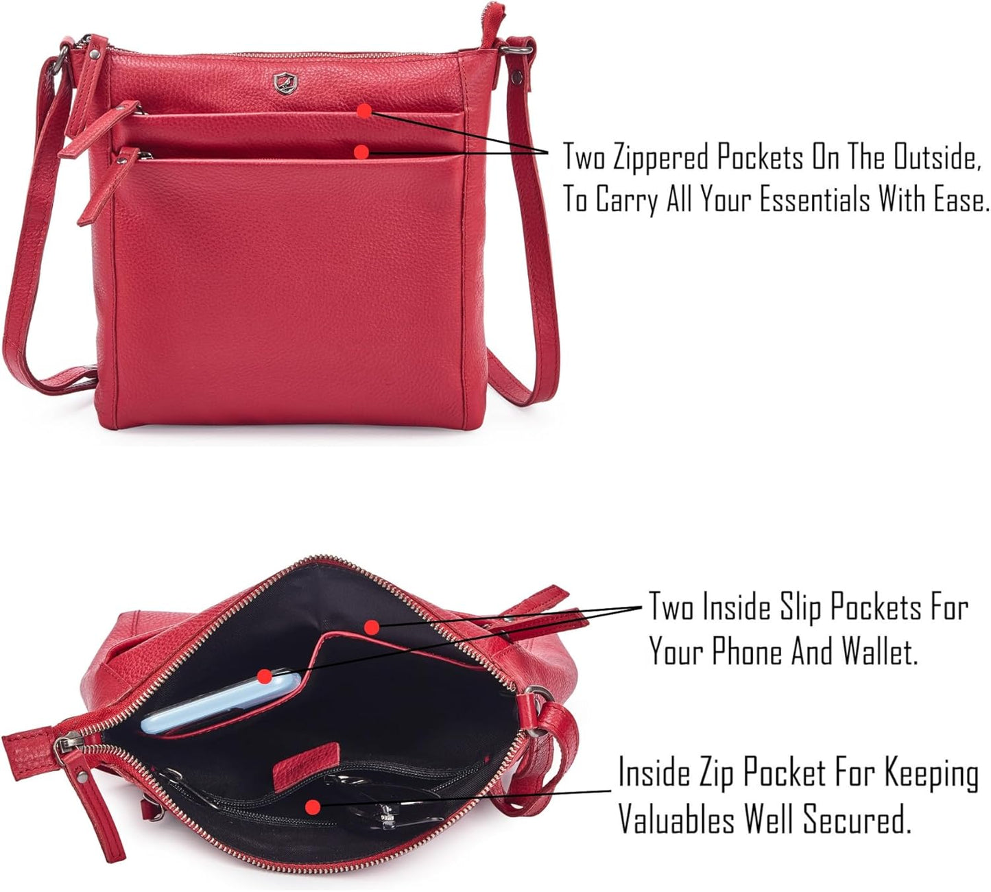 Small Soft Genuine Leather Crossbody Purse Women’s Sling Crossover Shoulder Travel Handbag with Triple Zipper