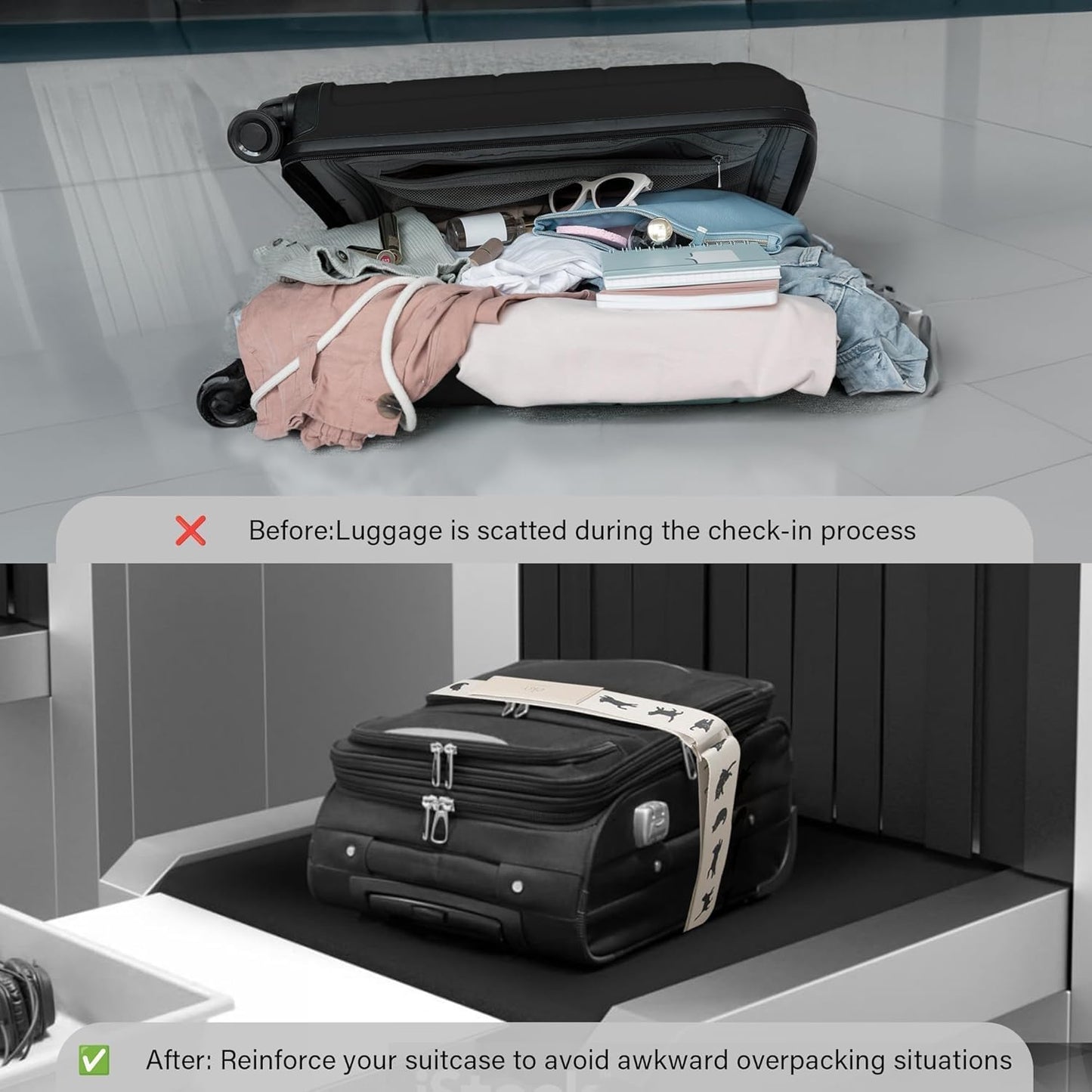 Luggage Straps for Suitcases,Adjustable Luggage Elastic Belt, Travel Essentials for Airport,Station, Vibrant Designs,(Tuxedo Cat)