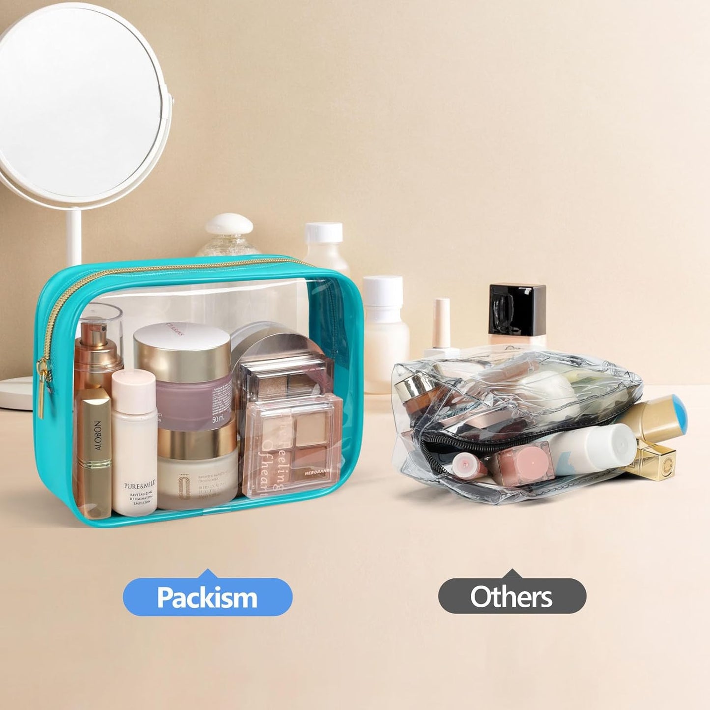 PACKISM Clear Makeup Bag, 2 Pack Upgrade Color-Edged TSA Approved Toiletry Bag, Clear Toiletry Bag For Traveling Fits Various Storage Needs, Turquoise (2 Sizes)