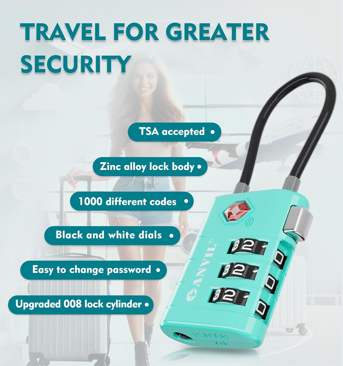 ANVIL TSA Approved Luggage Locks – High Security TSA008 Combination Travel Locks with Inspection Indicator for Suitcases and Backpacks. (2, Cyan)