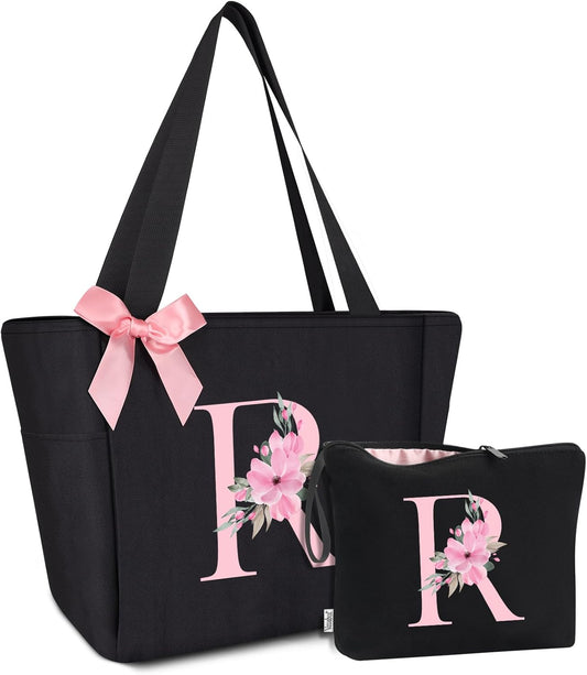Vavabox Tote Bag, A-Z Initial Monogrammed Waterproof Tote Bag, Bridesmaid Gifts for Women, Black and Pink