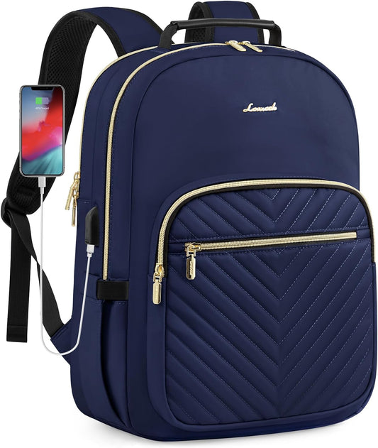 LOVEVOOK Laptop Backpack Purse for Women, Work Business Travel Computer Bags, College Nurse Backpack for Womens, Quilted Casual Daypack with USB Port, Fit 15.6 Inch Laptop, Navy