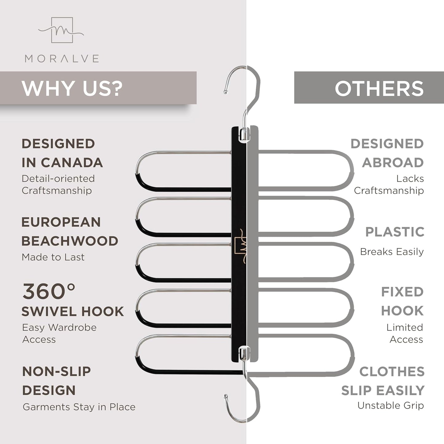 MORALVE Pants Hangers Space Saving - 2 Pack European Beechwood Scarf and Jean Hangers - Closet Organizer and Space Saver Pant Rack, Leggings Hanger, and Scarf Holder with 360° Swivel Hook