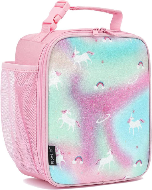 FlowFly Kids Lunch box Insulated Soft Bag Mini Cooler Back to School Thermal Meal Tote Kit for Girls, Boys, Glitter-Unicorn