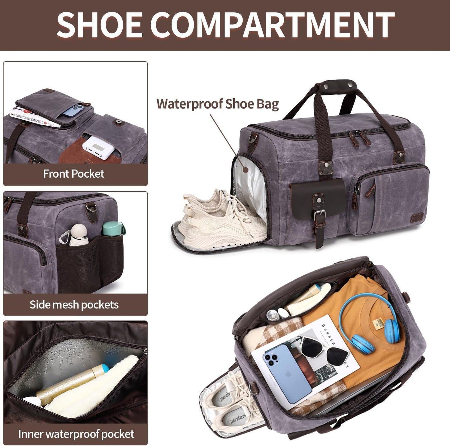 Travel Duffle Bag Weekender Bag with Shoe Compartment Overnight Bag for Men Travel Bag Carry On Lugguage Gray