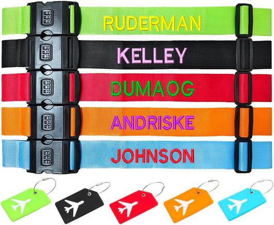5PC Custom Embroidery Luggage Strap with Your Text/Name,Personalized Luggage Straps with Lock for Suitcases,Adjustable Suitcase Strap Belt Tag for Secure Travel