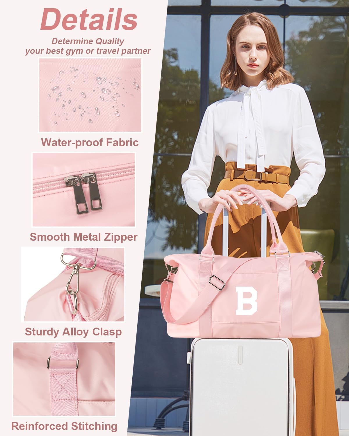 Initial Travel Duffel Bag Sports Gym Bag for Girls Teen Birthday Gifts,Pink Personalized Weekender Bag Carry On Tote Bags for Women Men,Waterproof Overnight Luggage Bag with Trolley Sleeve(Letter B)