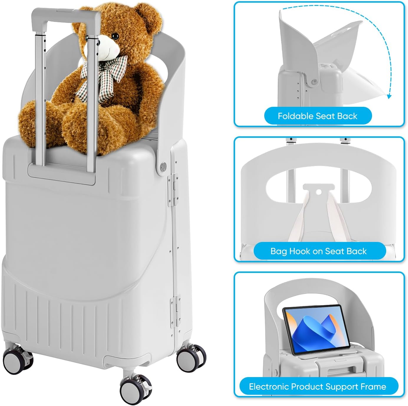 TABU 20" Ride-on Luggage with Seat For Kids & Adults，Carry On Hardshell Ride On Suitcase with 360° Lockable Spinner and TSA Lock, White