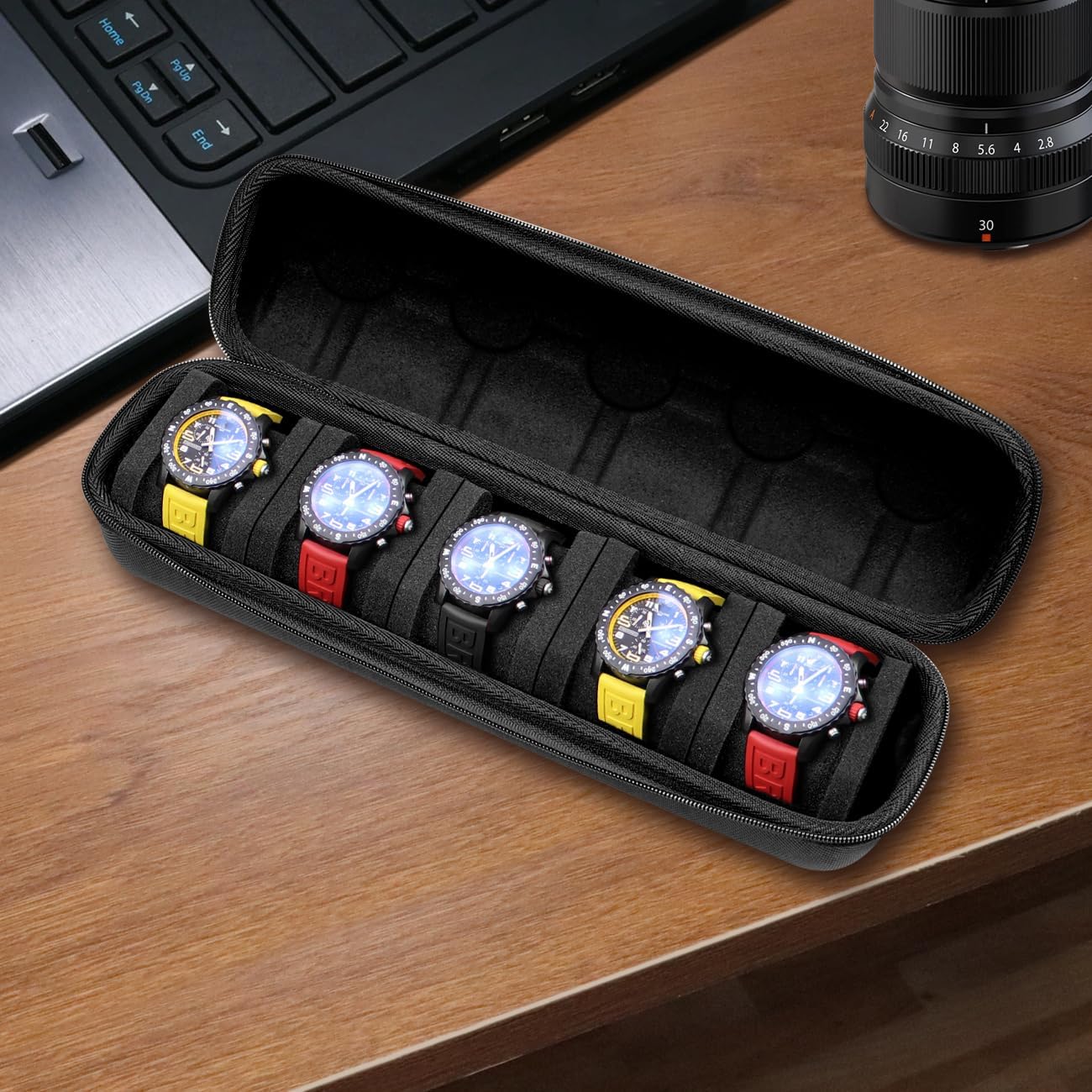 Juntan 5 Slots Hard Watch Travel Case, Portable Nylon Zipper Storage Organizer Box for Men Women with Soft Compressible Foam Pillow Black