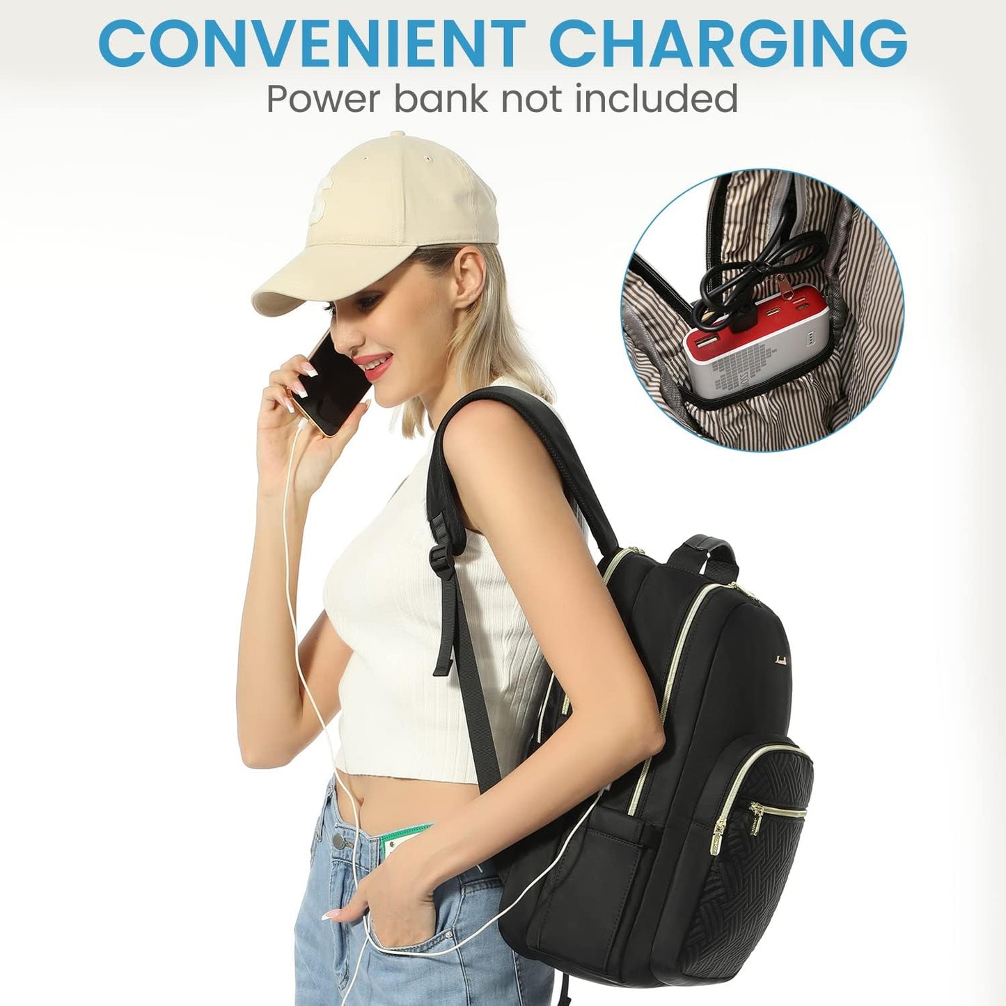 LOVEVOOK Laptop Backpack for Women, Stylish Quilted Backpacks Purse for Business Work Travel, Computer Bags Bag, with USB Port fits 15.6-inch Laptop, Black
