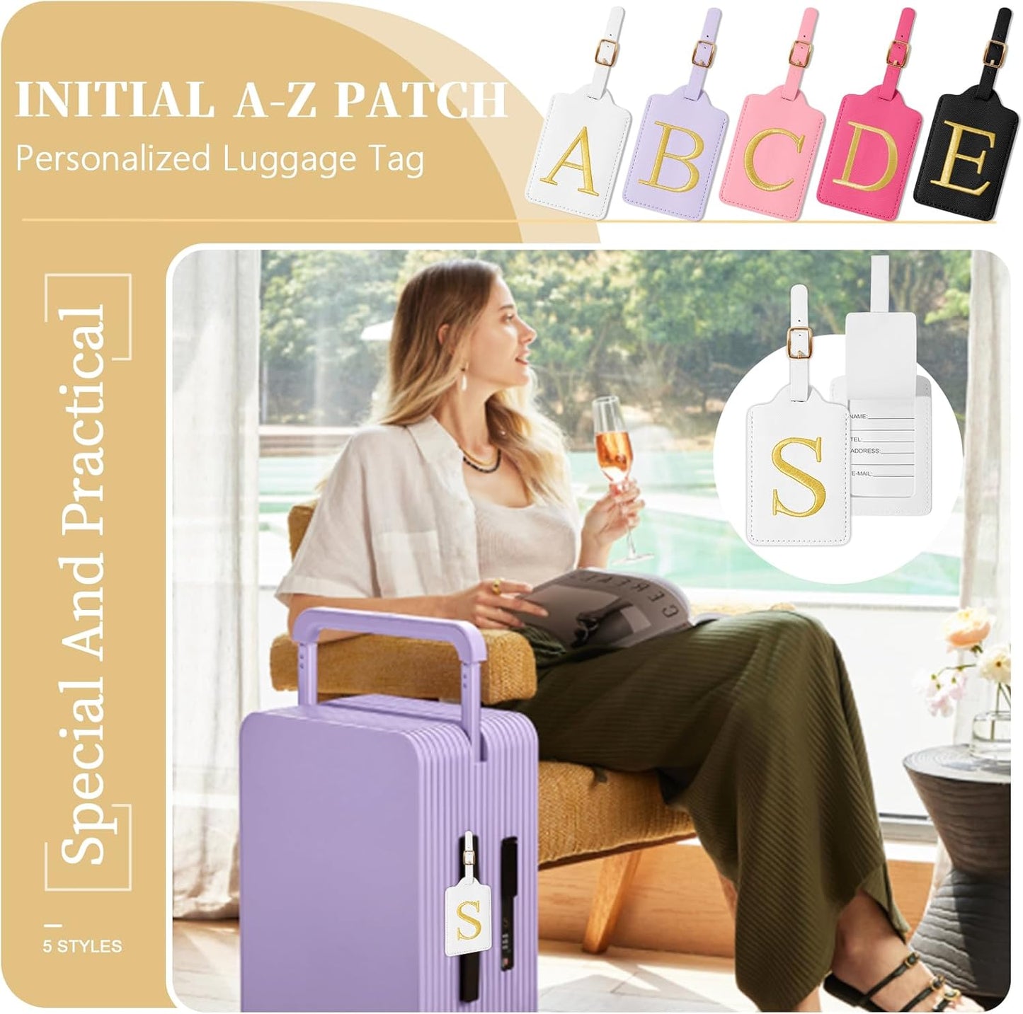 Personalized Initial Luggage Tags for Suitcase TSA Approved, White Leather Cute Luggage Tag with Privacy Cover Name Card, Embroidered Custom Luggage Tags Travel Baggage Tags Gifts for Women Kids(S)