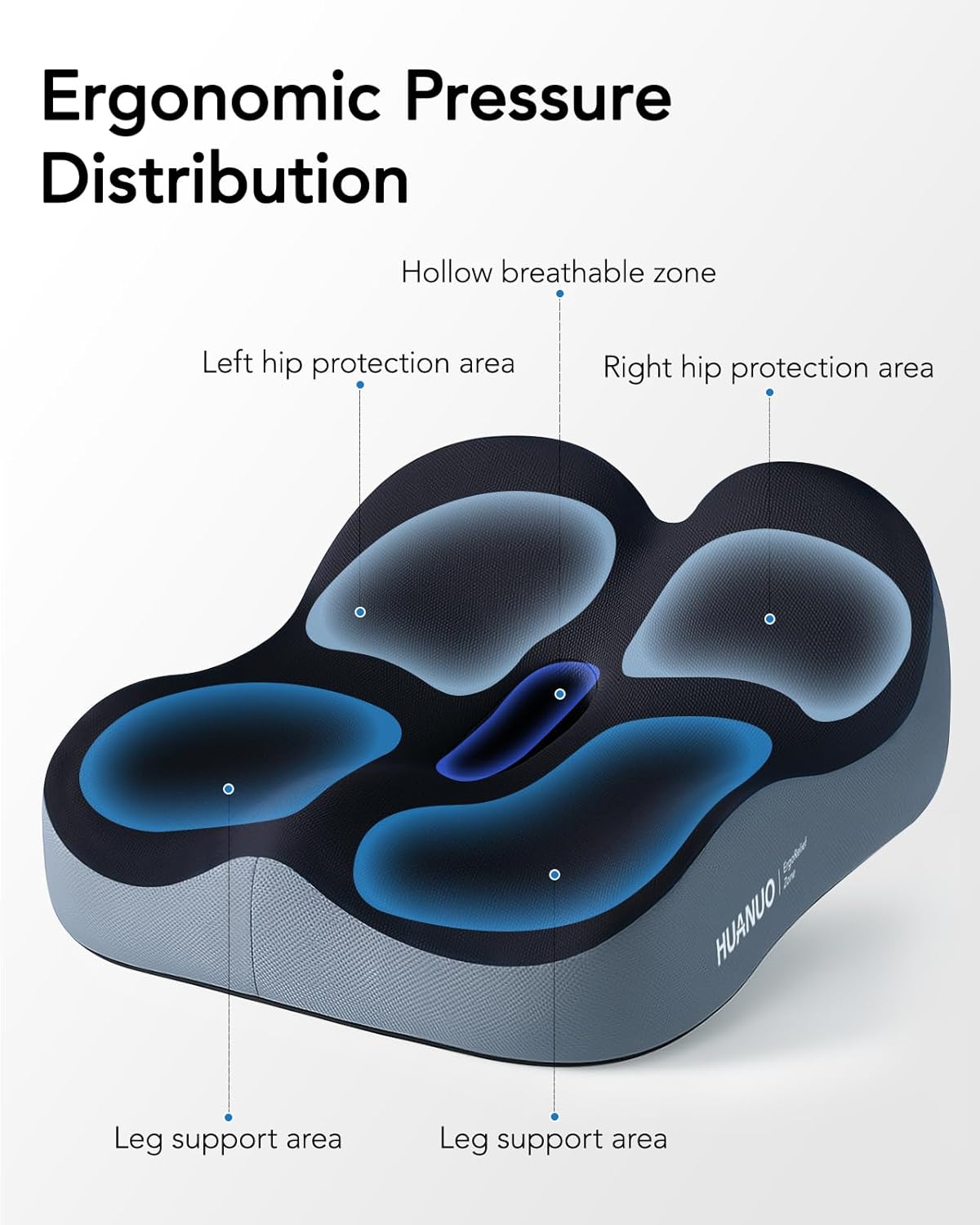 HUANUO Office Seat Cushion for Tailbone Support, High-Density Memory Foam Cushion, Breathable Coccyx Cushion, Non-Slip Bottom for Sciatica Relief, Perfect for Office, Car, and Wheelchair