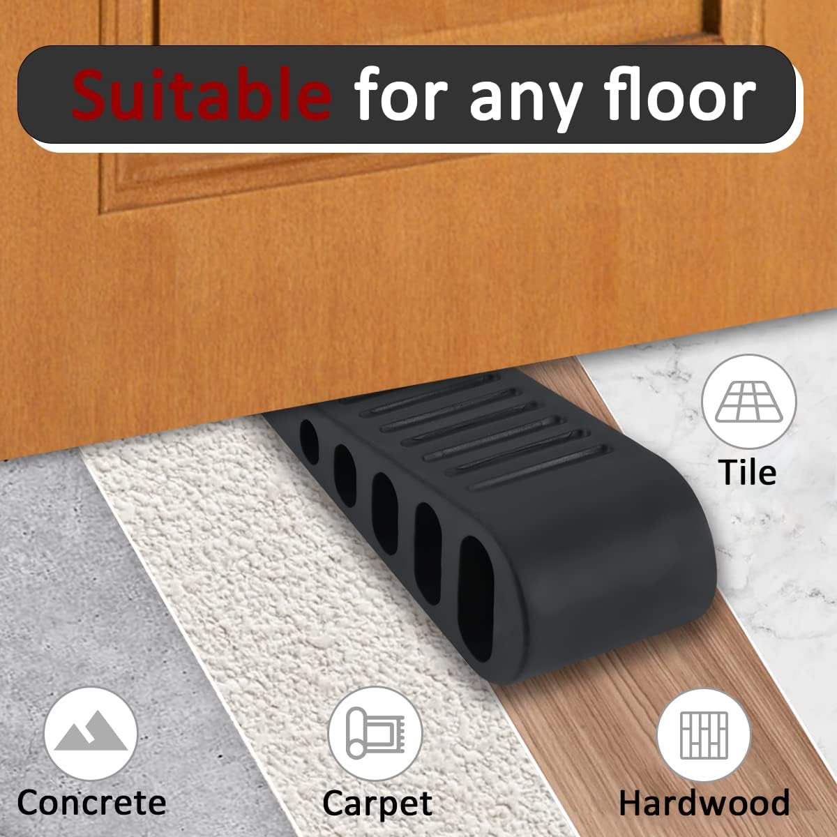 JQK Rubber Door Stopper Wedge, Black 2 Pack Soft TPR Premium Door Stops for Bottom of Heavy Duty Door on Tile, Concrete, Carpet, Wooden Floor, DSB61-BK-P2