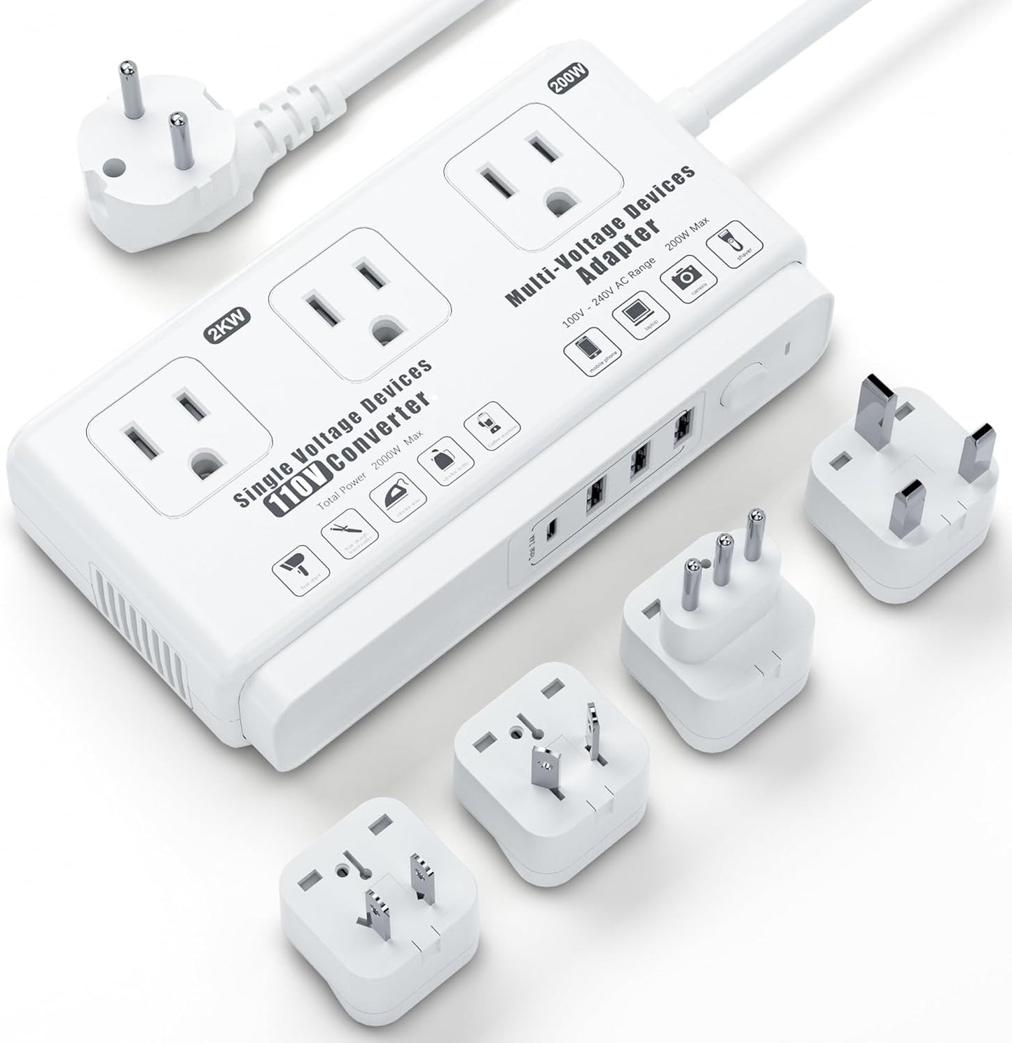 220v to 110v Voltage Converter Adapter: International US to Europe Travel Power Strip Plug Transformer - 2000W Electric Hair Dryer Step Down Outlet Converters for US European UK EU Italy
