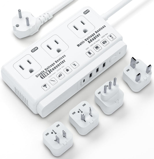 220v to 110v Voltage Converter Adapter: International US to Europe Travel Power Strip Plug Transformer - 2000W Electric Hair Dryer Step Down Outlet Converters for US European UK EU Italy