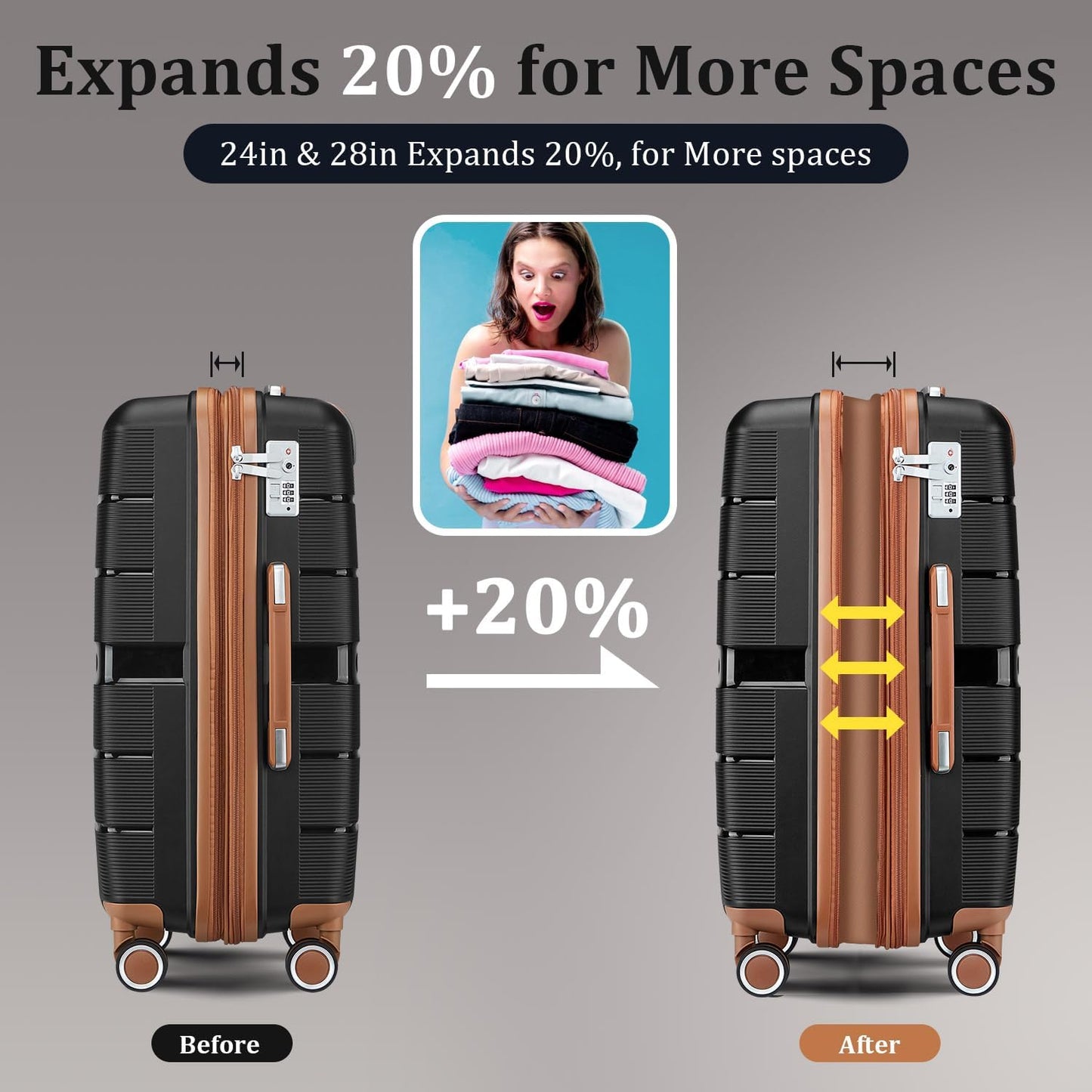 Campfun Luggage 4 Piece Sets, Expandable Carry On Luggage Set Hardshell PP, Suitcase Set with Double Spinner Wheels, Checked Durable Lightweight with TSA Lock, 14in 20in 24in 28in-Black Brown(A)