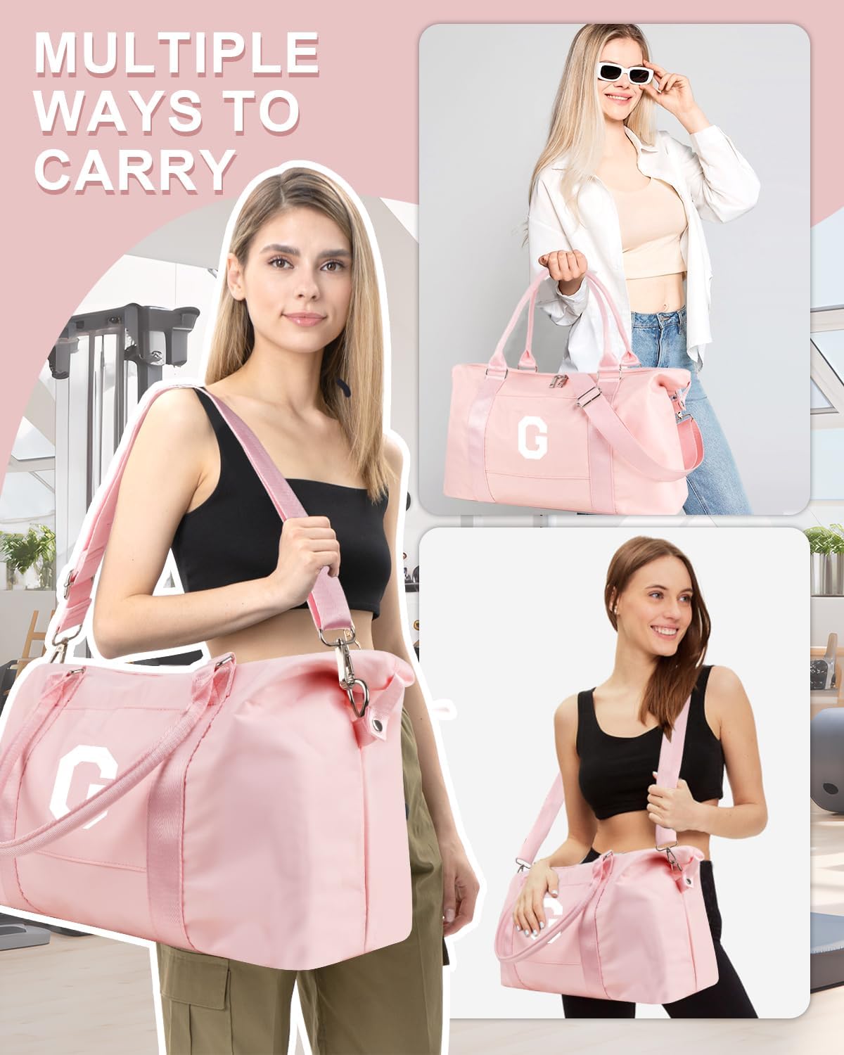 Initial Travel Duffel Bag Sports Gym Bag for Girls Teen Birthday Gifts,Pink Personalized Weekender Bag Carry On Tote Bags for Women Men,Waterproof Overnight Luggage Bag with Trolley Sleeve(Letter G)