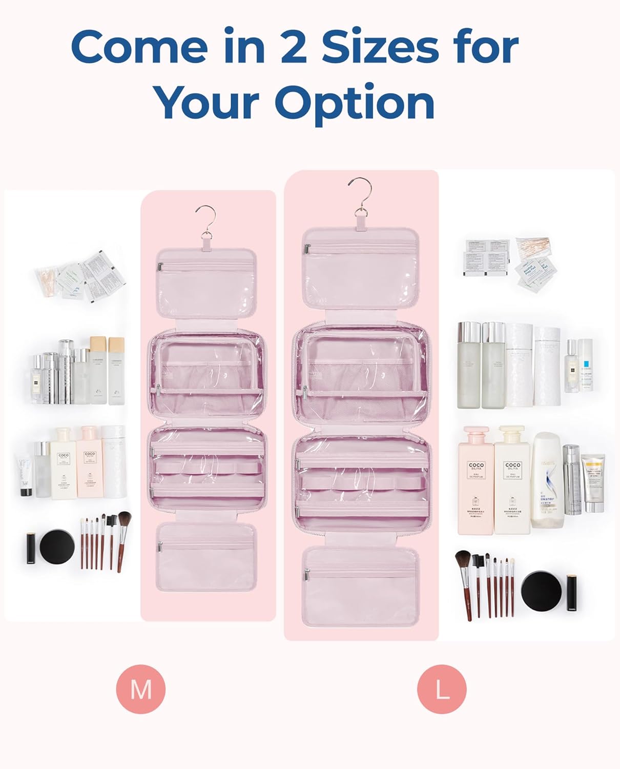 BAGSMART Travel Toiletry Bag with Jewelry Organizer, Hanging Travel Bag for Toiletries, Puffy Makeup Cosmetic Bag Organizer, Carry-on Travel Accessories Essentials, Pink-M