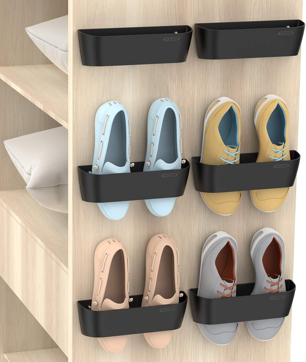Wall Mounted Shoes Rack 6Pack with Sticky Hanging Strips, Plastic Shoes Holder Storage Organizer,Door Shoe Hangers (SM03-Black-6)
