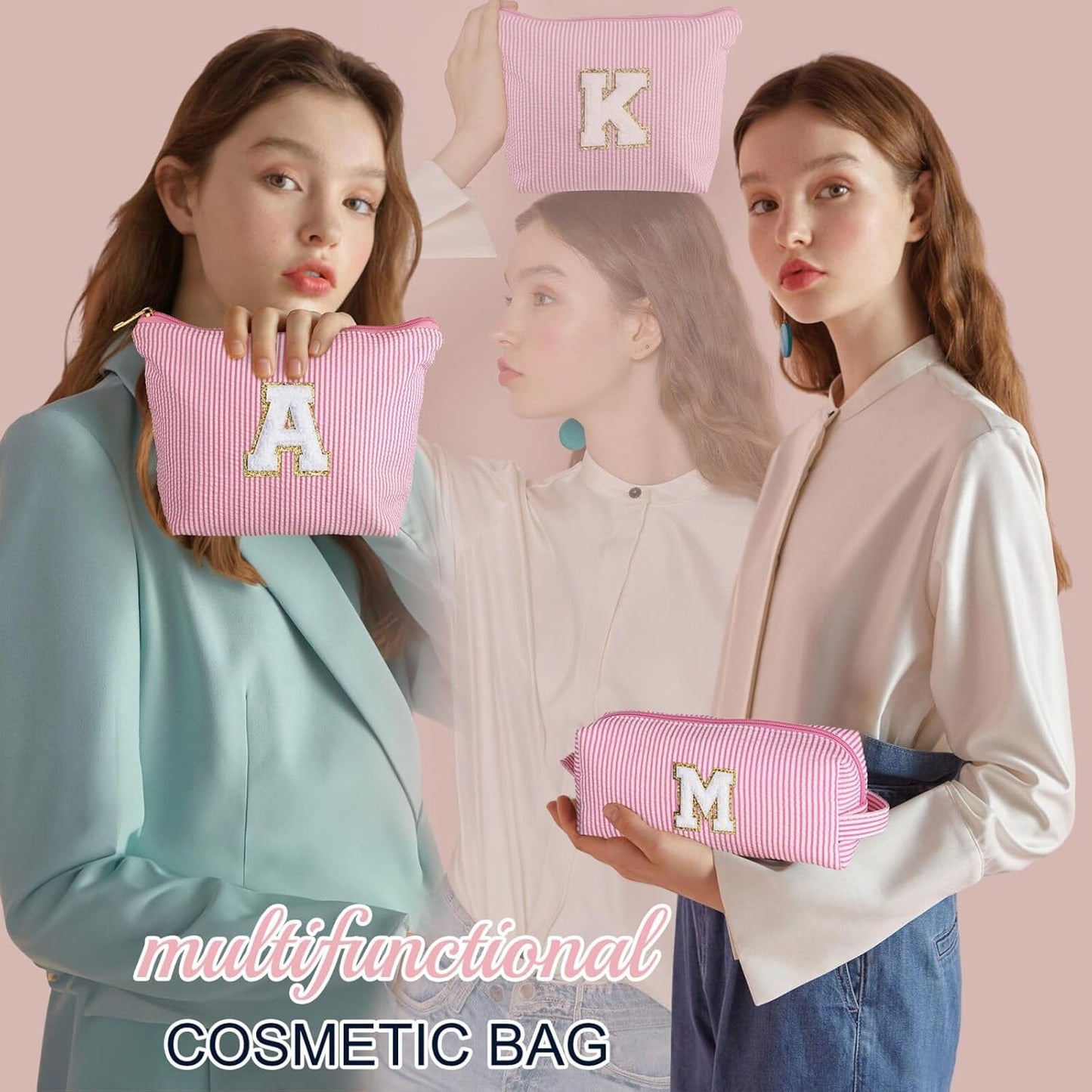 YOOLIFE Cute Pink Initial Make Up Bag Travelling, Personalized Makeup Bag with Zipper Cosmetic Makeup Pouch Travel Accessories Birthday Gift Friends Female Mom Teacher Sweet 16 Gifts Daughter Gifts W