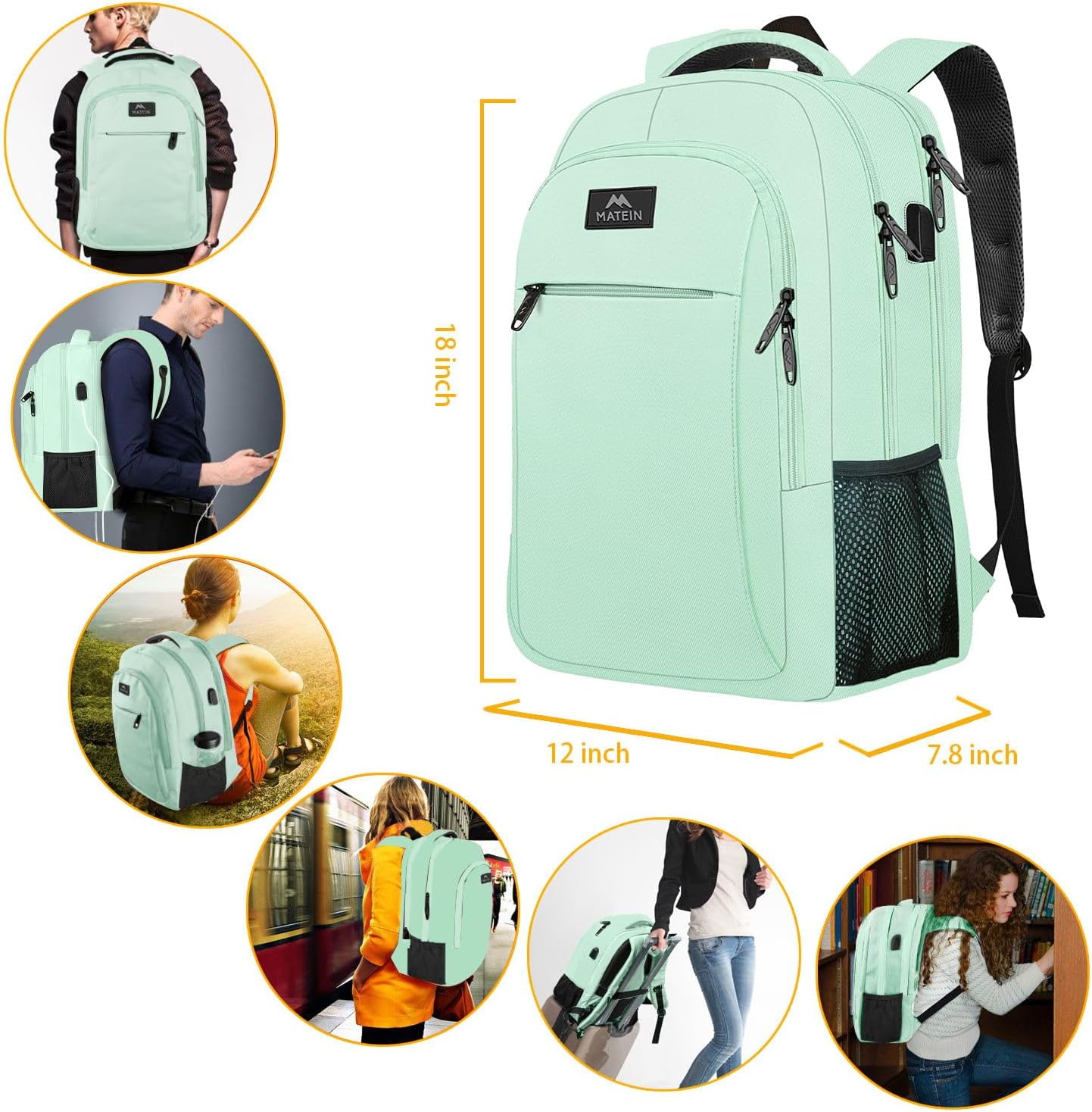 MATEIN 15.6-Inch Laptop Backpack with USB Charging Port, Slim Lightweight Water Resistant Travel Backpack for Women