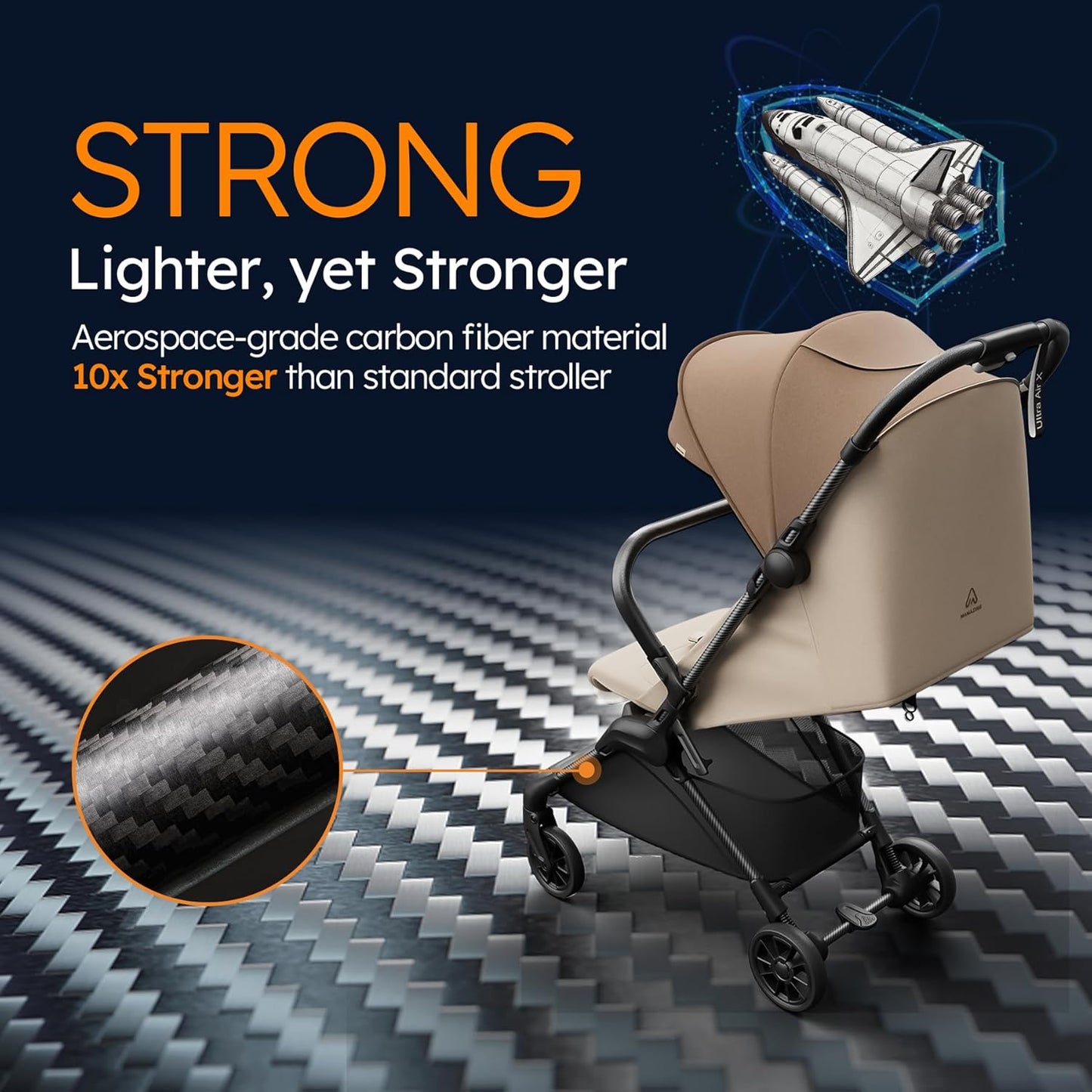 Lightweight Baby Strollers for Airplane, Ultra-Compact Travel Stroller, Light & Strong Portable Toddler Stroller with Carbon Fiber Frame and UPF 50+ Waterproof Canopy, Only 9.9 lbs, Brown