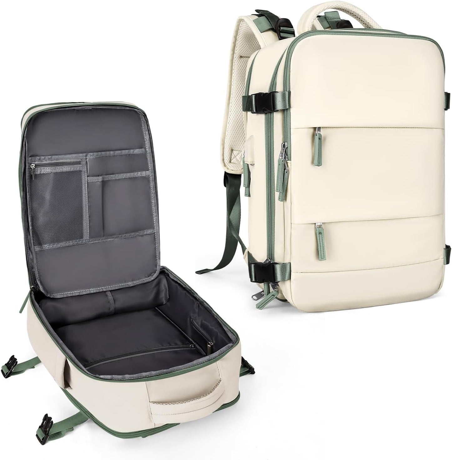 coowoz Large Travel Backpack for Women Men,Carry On Backpack Flight Approved,Hiking Backpack Outdoor Rucksack Casual Daypack Fit 15.6 Inch Laptop Shoes Compartment White Green L