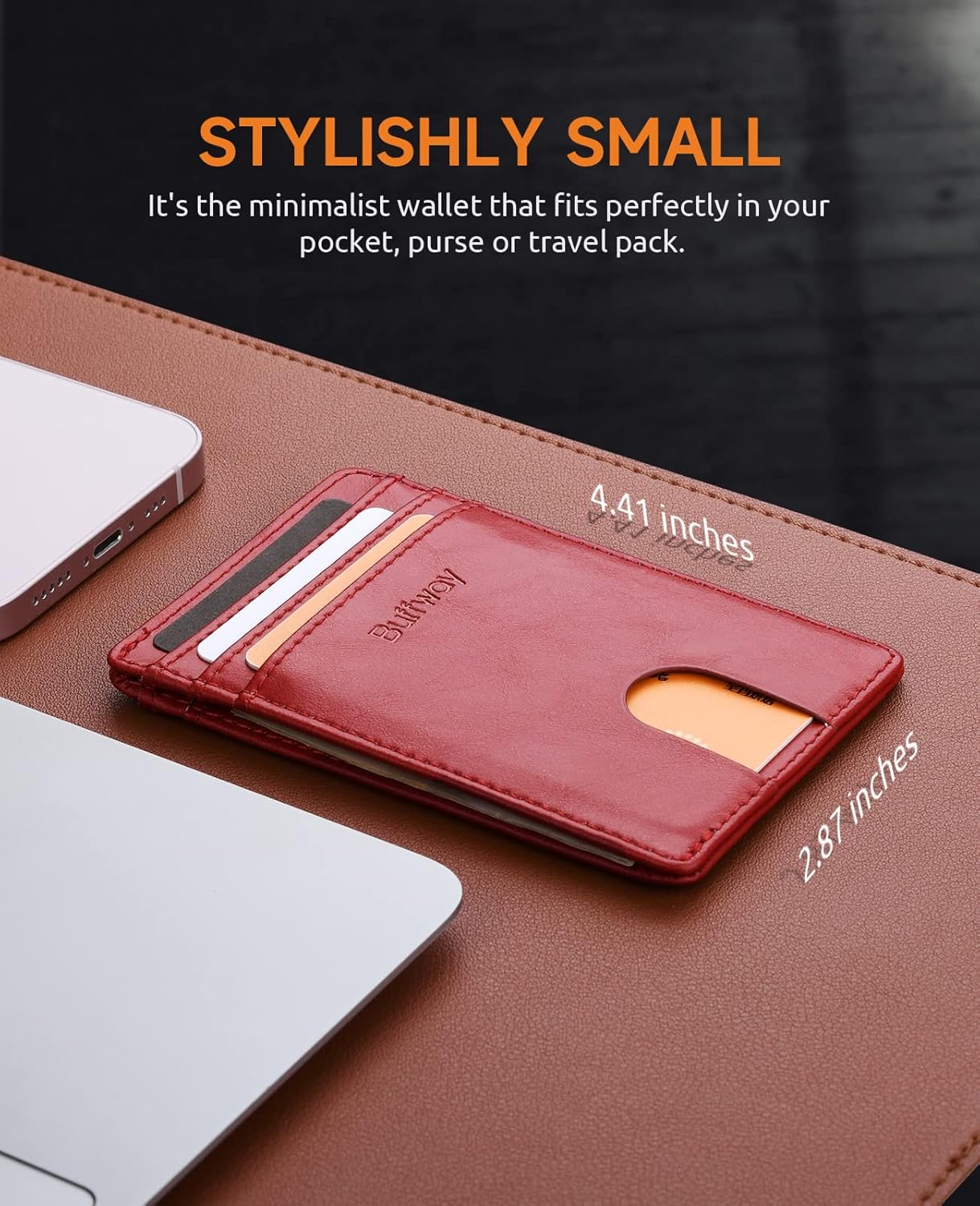 Buffway Mens Slim Wallet, Minimalist Thin Front Pocket Leather Credit Card Holder with RFID Blocking for Work Travel