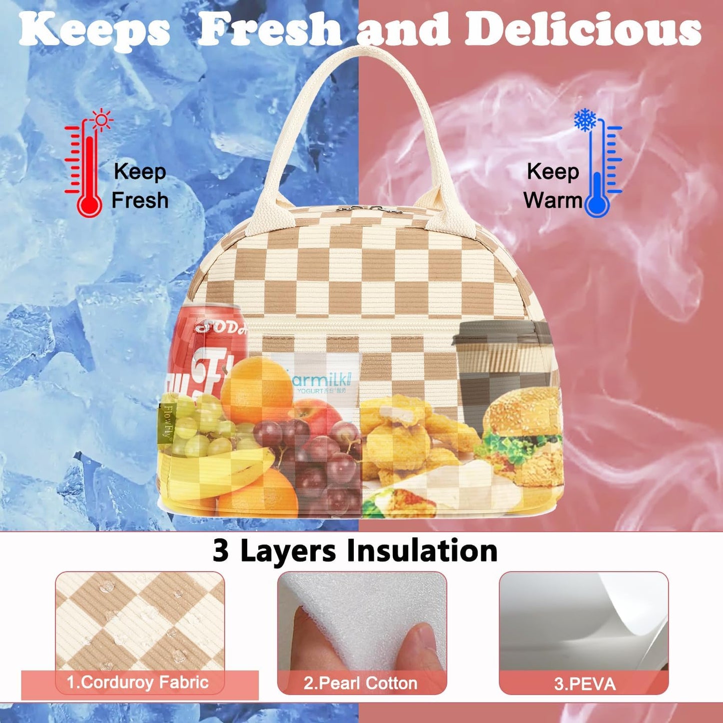 FlowFly Lunch Bag for Women Insulated Lunch Box Corduroy Lunch Tote Cooler for Travel Work Picnic,Corduroy Plaid Khaki