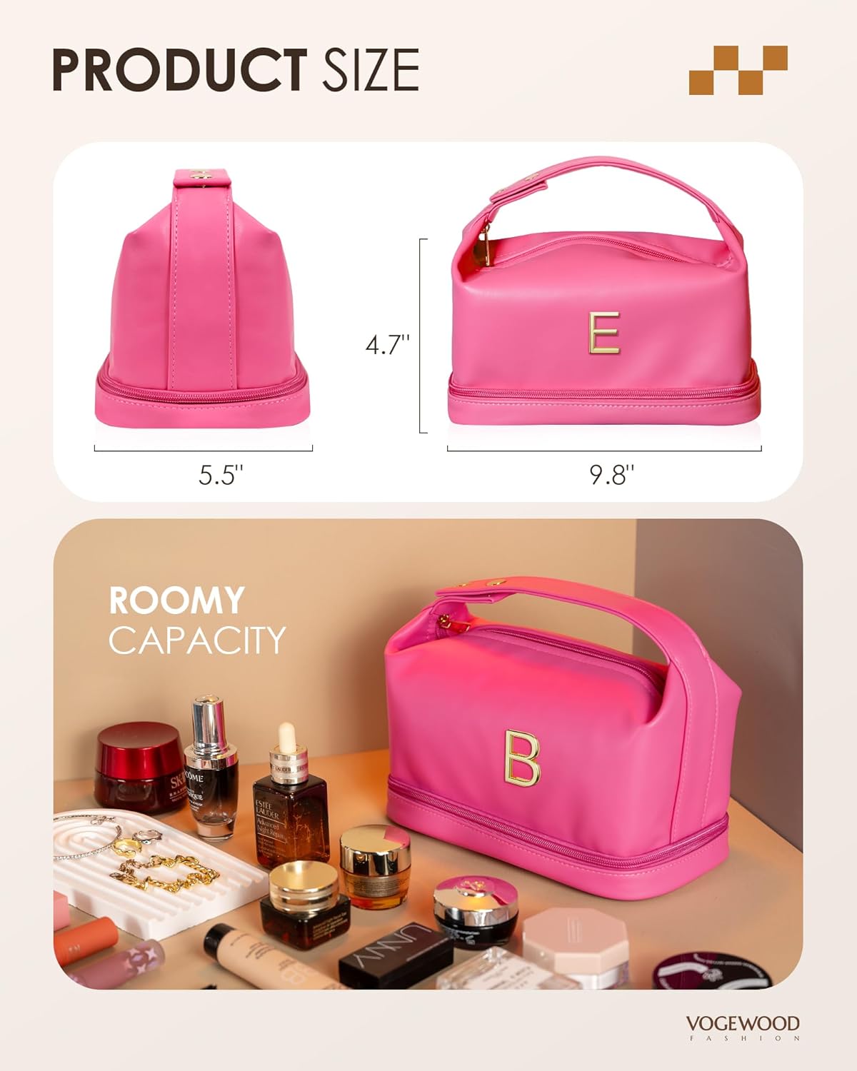 Gifts for Daughter/Girls, Personalized Makeup Bag with Handle, Initial Double Layer Cosmetic Bag with Makeup Brush Organizer, Cute Cosmetic Pouch for Women, Gifts for Niece Female