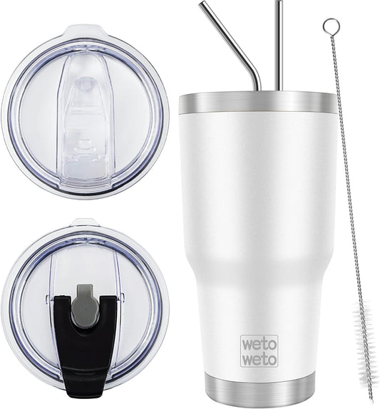 WETOWETO 30 oz Stainless Steel Tumbler, Insulated Coffee Tumbler Cup with 2 Lids and 2 Straws, Double Walled Travel Coffee Mug for Hot & Cold Drinks (White, 1 Pack)