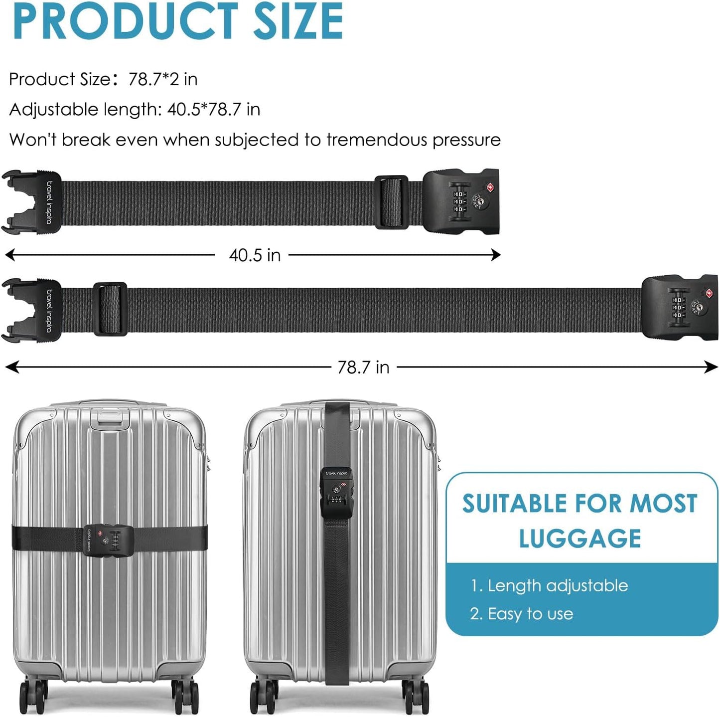 Travel Inspira Luggage Straps for Suitcases with TSA Lock, Protect Your Luggage Anti-Burst, High Visibility Color, Easy to Identify Luggage Adjustable Heavy Duty Belt for 20-32 Inch Suitcases