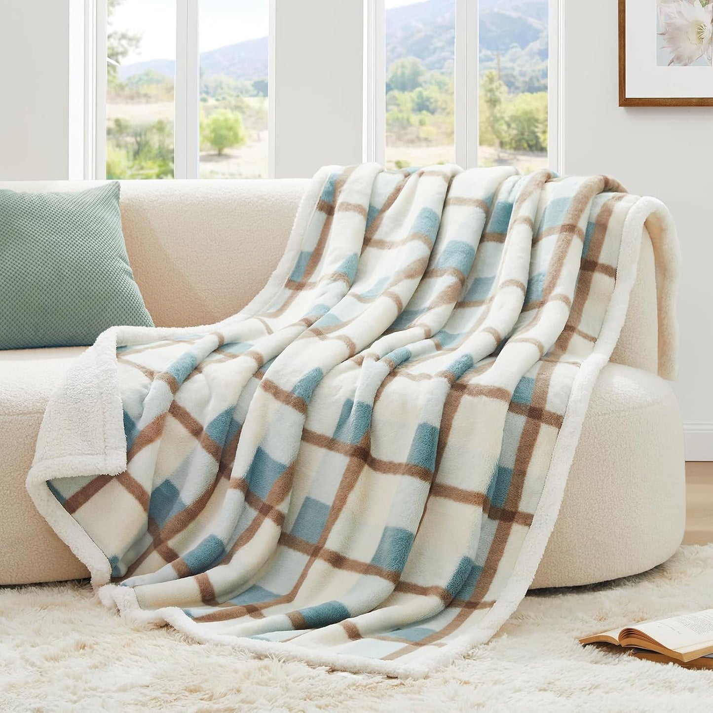 PU MEI Super Soft Faux Rabbit Fur Sherpa Fleece Throw Blanket, Reversible Luxury Cozy Cute Furry Blanket, Plush Warm Shaggy Fluffy Checkered Blankets for Sofa Couch Bed (Green-Plaid, 60" x 80")