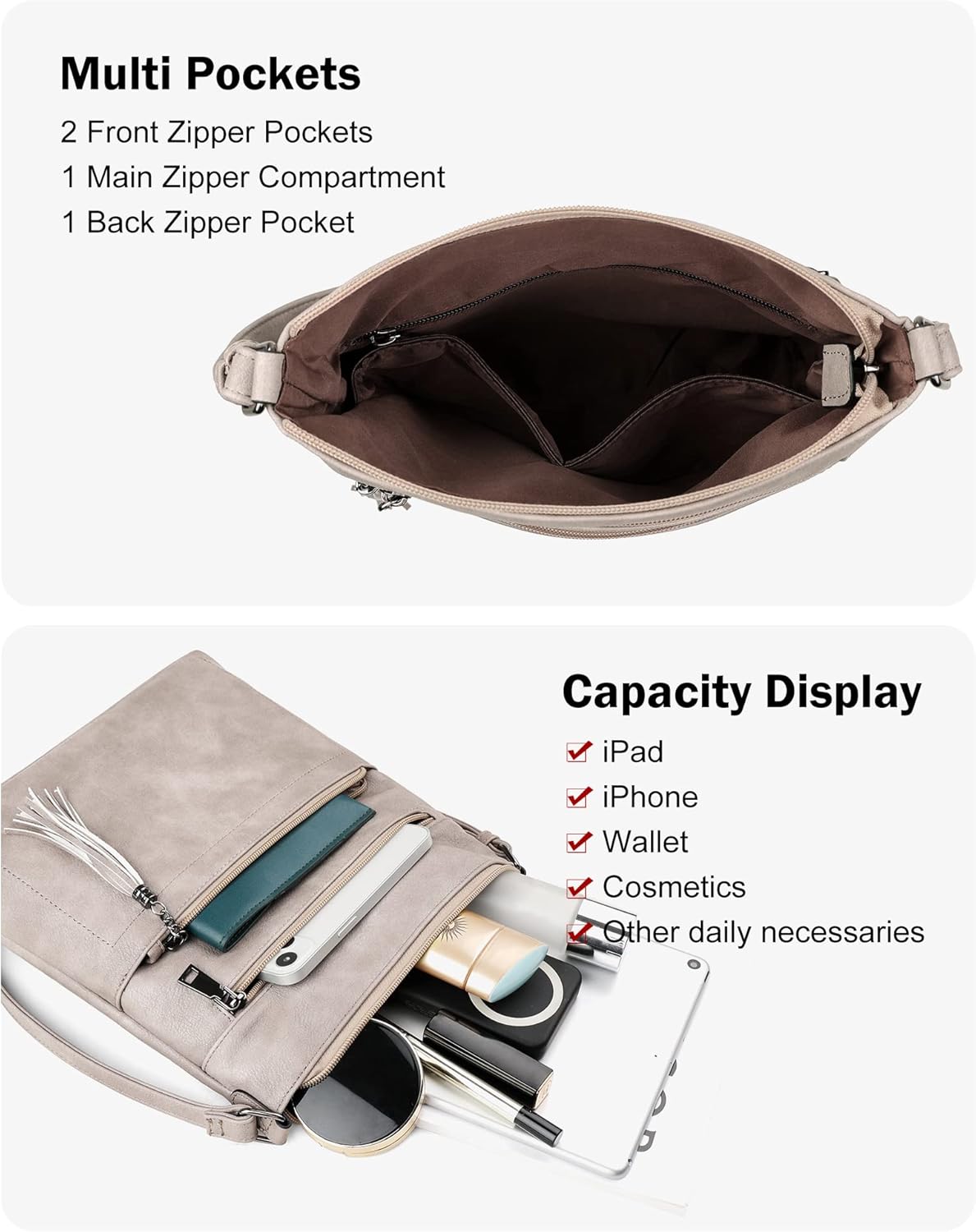 MASINTOR Crossbody Purses for Women, Multi Pocket Casual Crossbody Bag, Adjustable Strap Shoulder Bag with Tassel