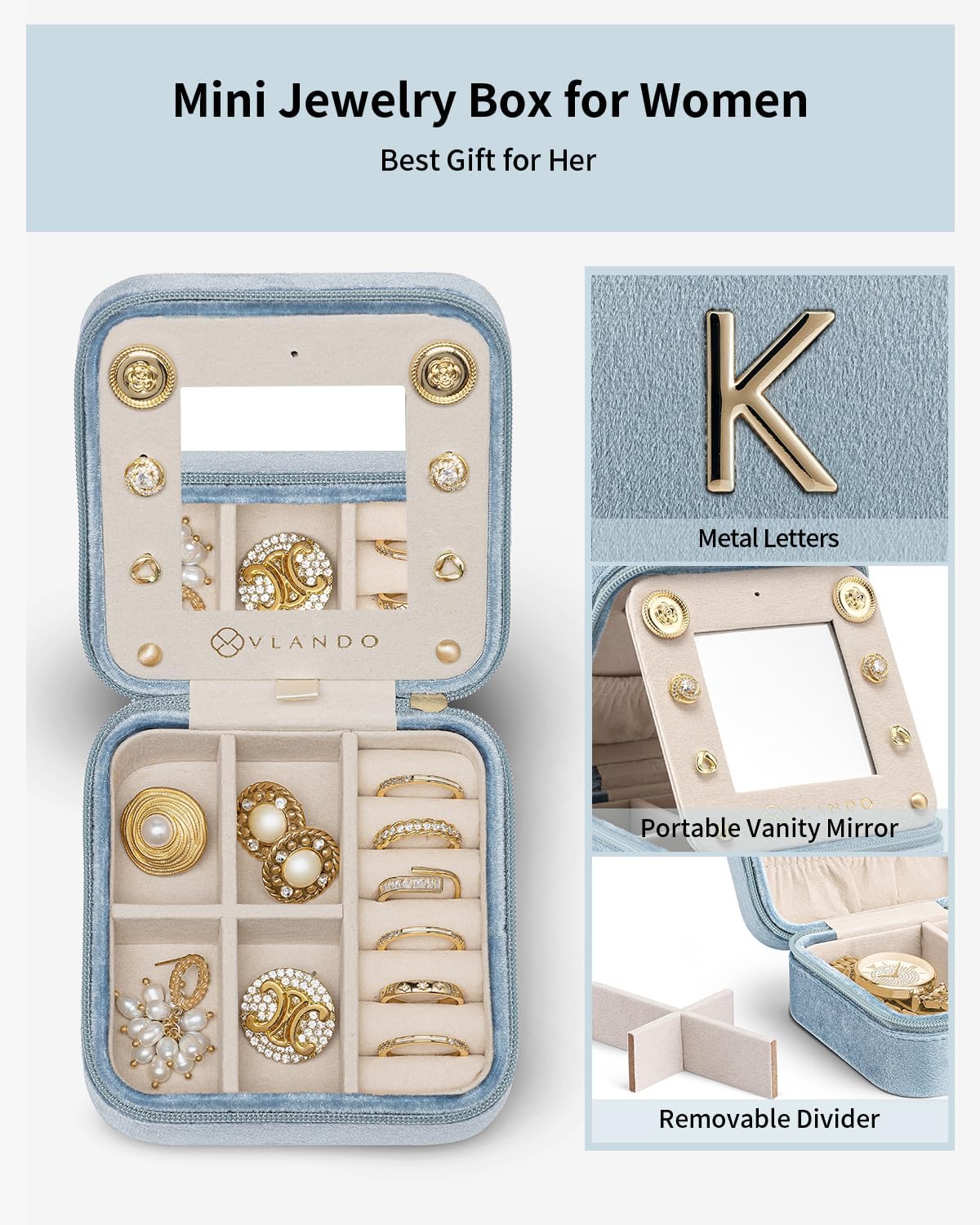 Vlando Preppy Stuff Jewelry Holder Organizer, Preppy School Supplies for Teens Girl Gifts Trendy Stuff, Preppy Jewelry Travle Case for Teens Girls, Birthday Gifts for Daughers - Letter K, Blue