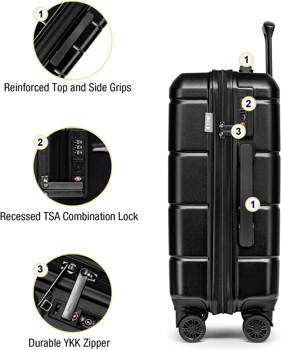 KYME Luggage Sets 3 Piece Hardshell 22in/26in/30in Suitcases with Spinner Wheels Hardside Suitcase Sets with TSA Lock Travel Rolling Luggage Set for Women Men Black