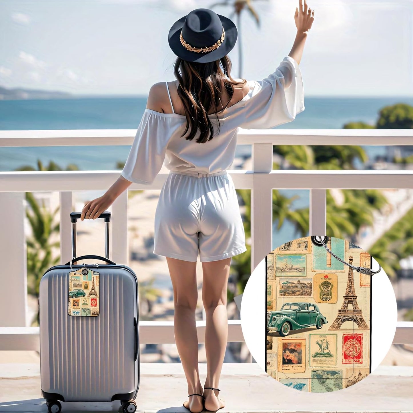 Luggage Tags for Suitcases, 2-Pack PU Leather for Cruise & Travel, Baggage ID Tags with Privacy Cover & Address Card, Durable Metal Ring, Kids Adults Travel Accessories, Vintage Travelogue