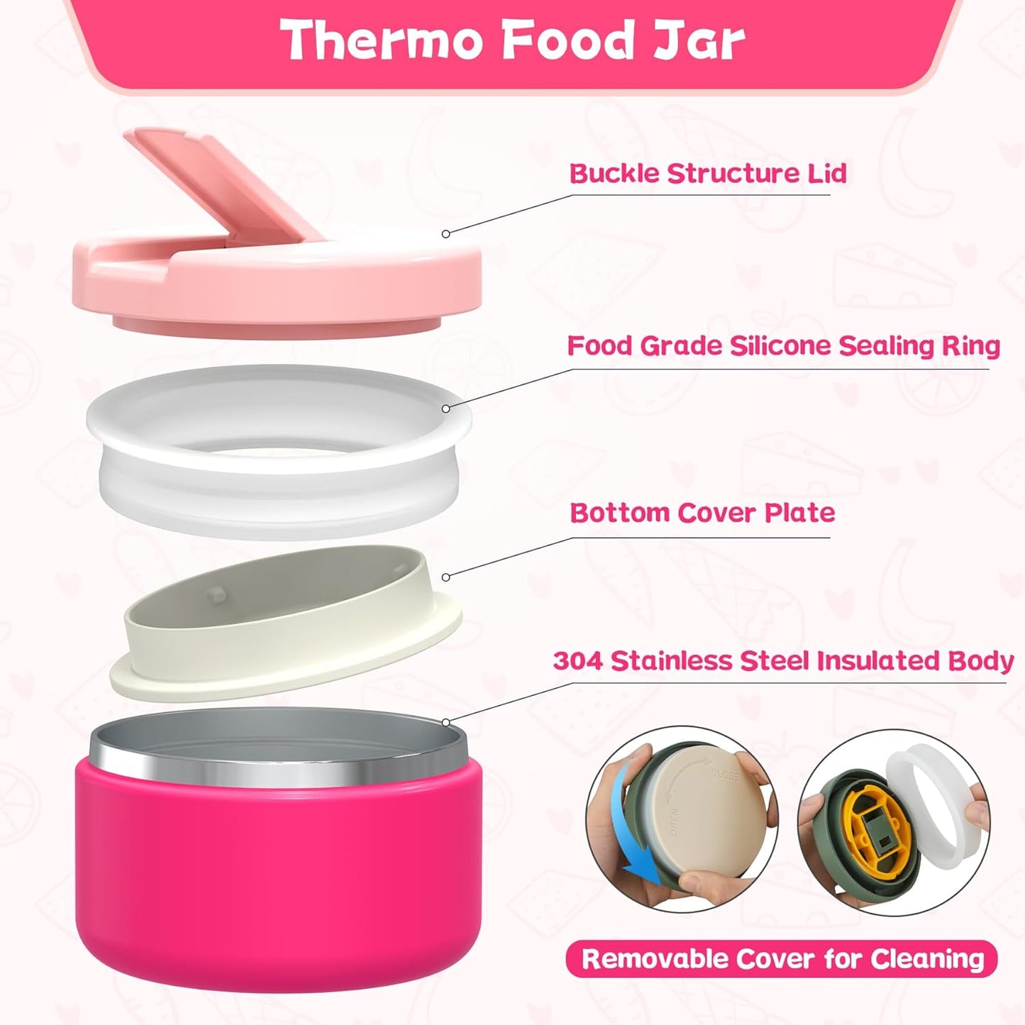 Kids Bento Lunch Box with 8oz Soup Thermo, Kids Leakproof Lunch Food Containers with 4 Compartment,Insulated Hot Food Jar with Lunch Bag for School, Travel (Pink)