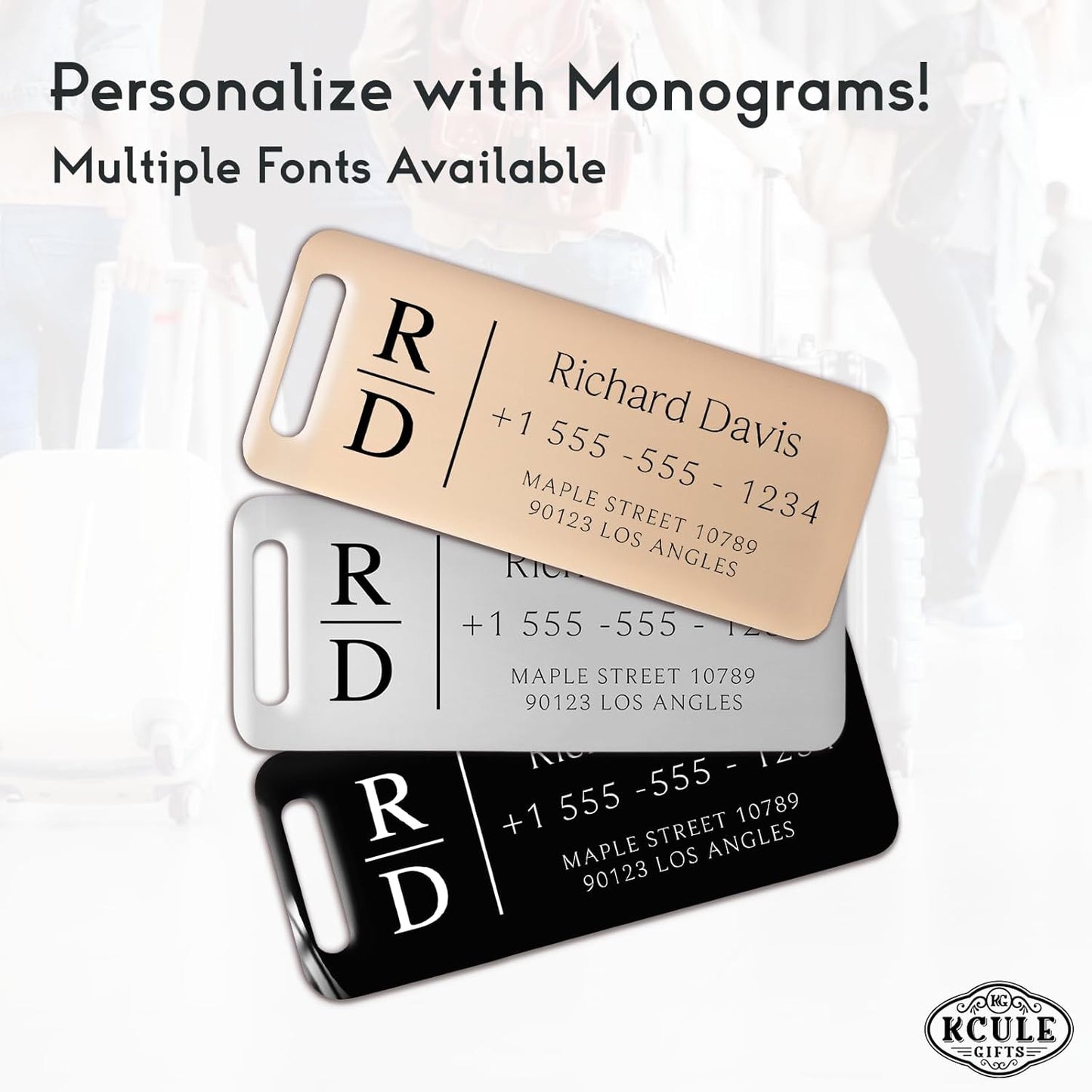Personalized Luggage Tags for Suitcases 4 Pack - Stainless Steel Custom Luggage Tags for Backpacks & Bags, Sturdy, Waterproof & Heavy Duty (Black / 3" x 1.25")
