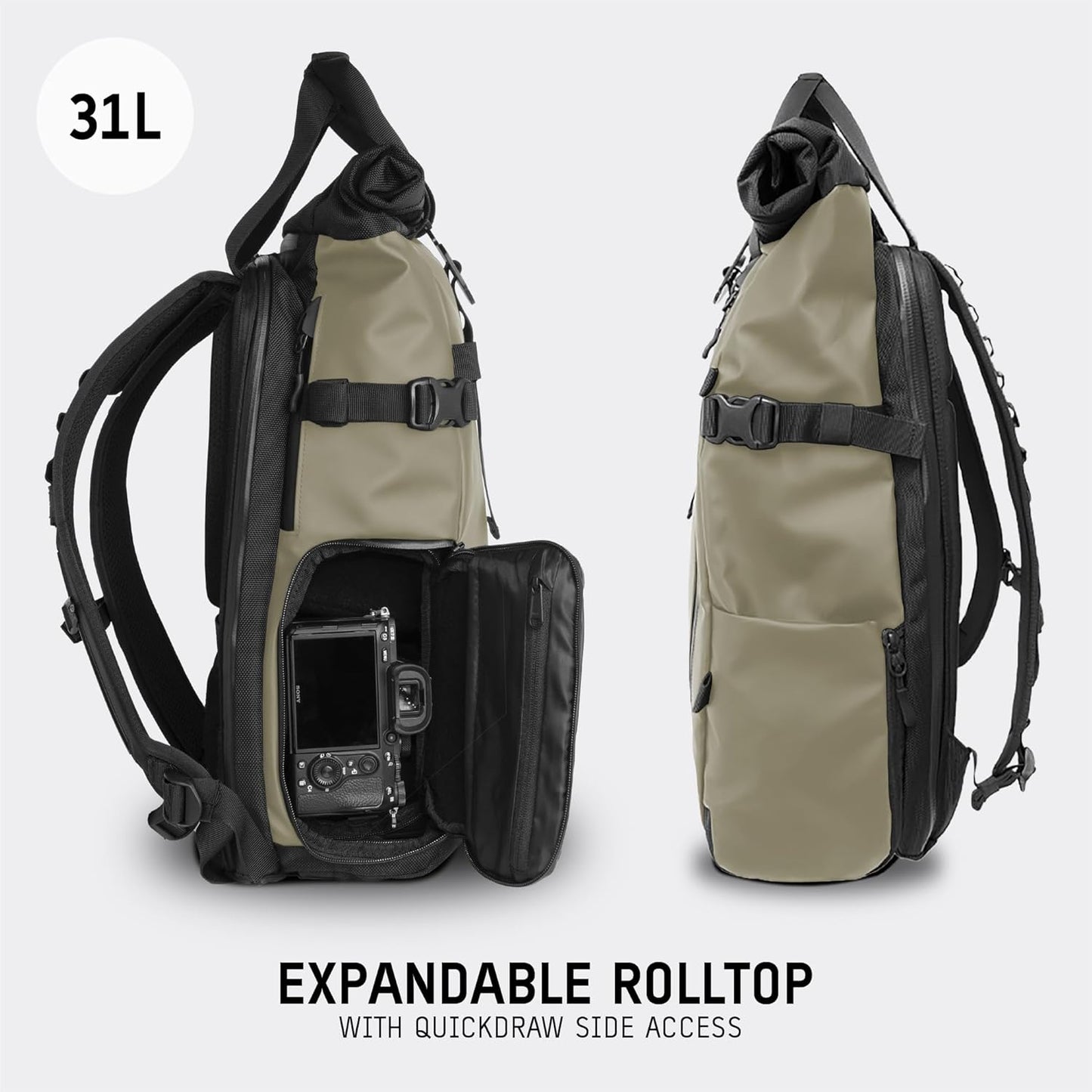 WANDRD PRVKE 31L, V3 Backpack: Weather-Resistant Travel & Camera Backpack with Laptop Sleeve, Quick Side Access, Clamshell Opening – Ideal Photography & Travel Bag (Yuma Tan)