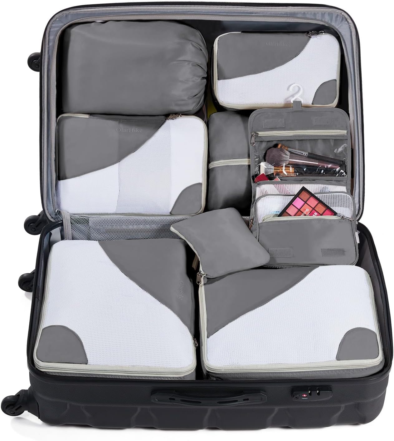 OlarHike 8 Set Packing Cubes for Travel, Sturdy Suitcase Organizer in 4 Sizes (Extra Large, Large, Medium, Small), OlarHike Luggage Cubes with Toiletry Bag, Cruise Ship Gifts for Men (Grey)