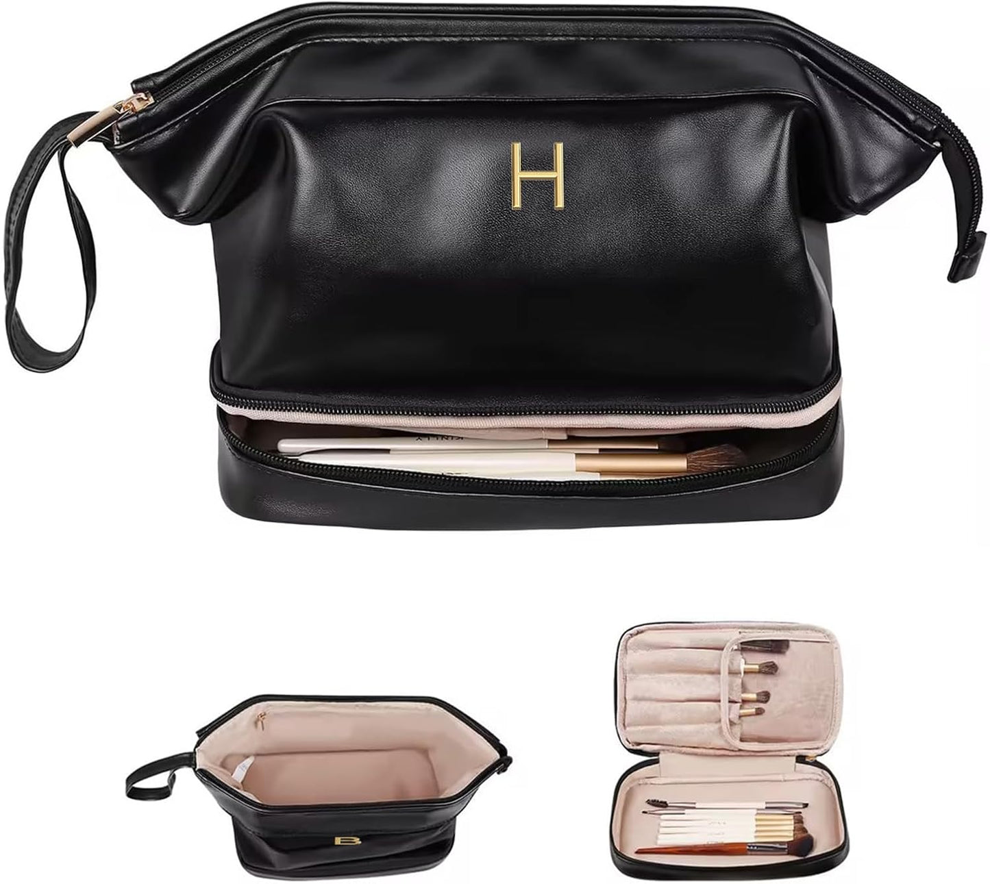 Gifts for Girls, Initial Large Makeup Bag, Personalized Double Layer Cosmetic Bag with Makeup Brush Organizer, PU Leather Travel Toiletry Bag Gift For Daughter, Preppy Things For Girls