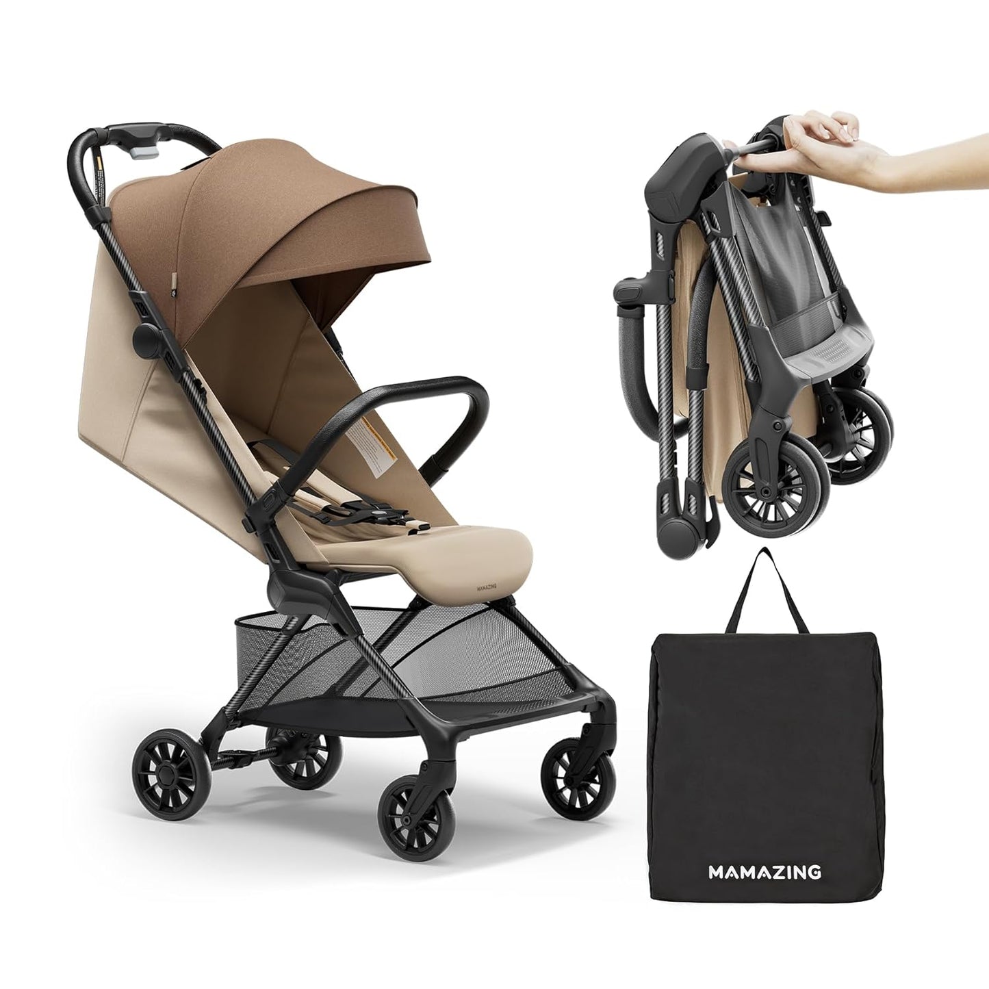 Lightweight Baby Strollers for Airplane, Ultra-Compact Travel Stroller, Light & Strong Portable Toddler Stroller with Carbon Fiber Frame and UPF 50+ Waterproof Canopy, Only 9.9 lbs, Brown