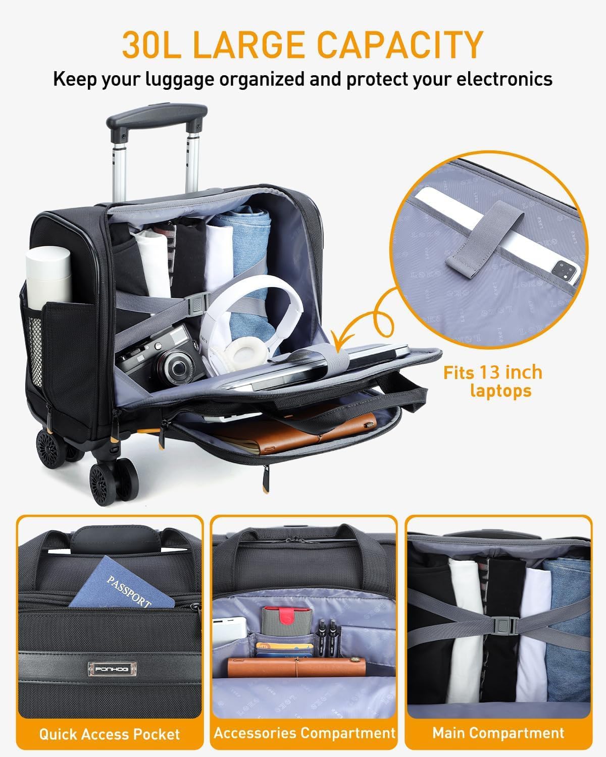 Rolling Laptop Bag, Rolling Briefcase with 4 Spinner Wheels, 13 Inch 1680D Nylon Water Resistant Computer Bag for Men and Women Work Travel, Black