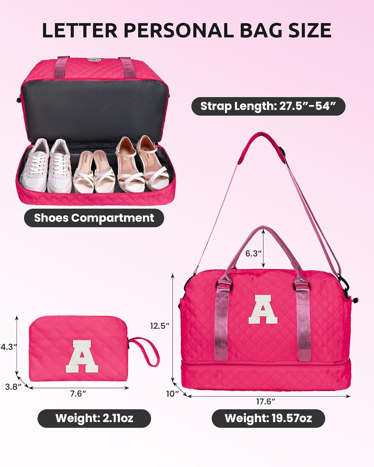 Gifts for Girls 12-14, Birthday Gift-Initial Travel Bag with Shoe Compartment, Personalized Weekender Bag, Monogram Overnight Bag for Women, Letter Travel Bag with Makeup Bag (Letter T)