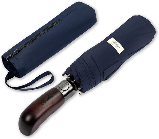 Balios Travel Folding Umbrella with Real Wood Handle Auto Open Close Vented Windproof Canopy - Designed in UK