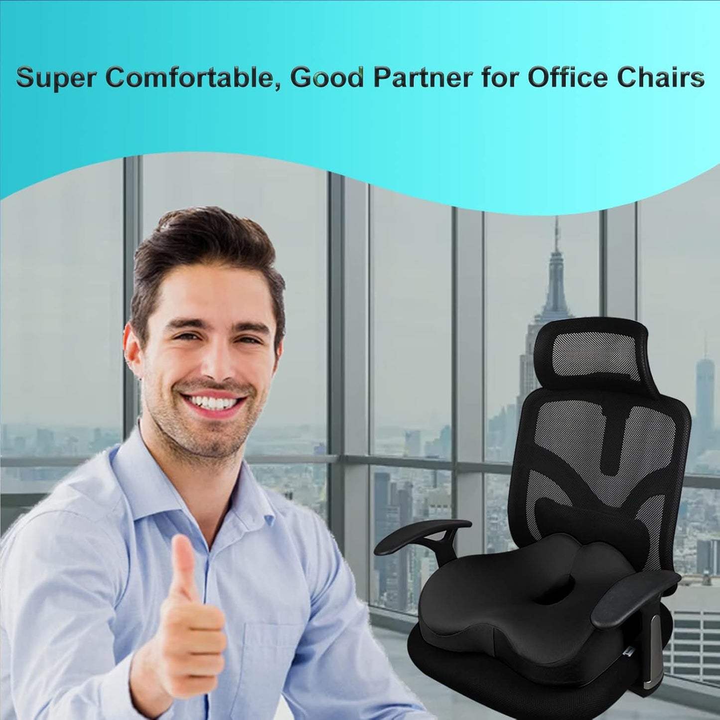 Pressure Relief Seat Cushion for Long Sitting Hours on Office, Home Chair, Car Memory Foam Office Chair Cushion for Back, Coccyx, Tailbone Pain Relief（Black）